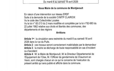 ARRETE RESTRICTION DE CIRCULATION, en raison de travaux rue du Puits, dans le hameau de Hérouval, du mardi 8 au samedi 18 avril 2026