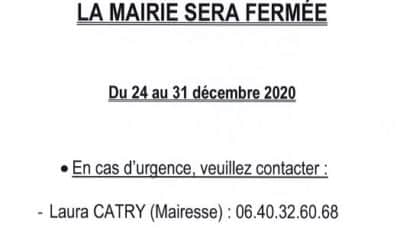 Fermeture de la mairie du 24 au 31 décembre 2020