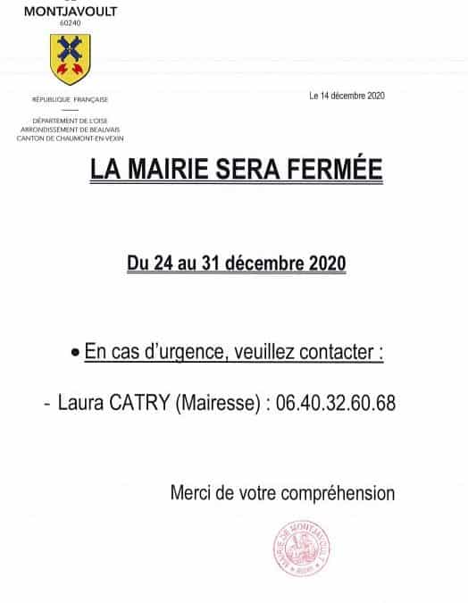 Fermeture de la mairie du 24 au 31 décembre 2020