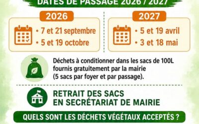 RETRAIT DES DÉCHETS VERTS : voici les dates pour lesquelles vous pouvez dès à présent vous inscrire. Merci de bien respecter les journées d&rsquo;inscriptions pour limiter les kilomètres inutiles.