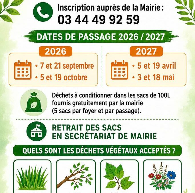 RETRAIT DES DÉCHETS VERTS : voici les dates pour lesquelles vous pouvez dès à présent vous inscrire. Merci de bien respecter les journées d&rsquo;inscriptions pour limiter les kilomètres inutiles.