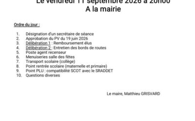 Convocation du conseil municipal du vendredi 11 septembre 2026 à 20h à la mairie