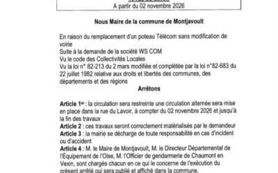 Arrêté Communal, restriction de circulation le 2 novembre rue du Lavoir et le 9 novembre rue Cozette