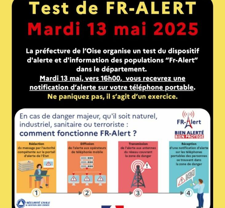 Un test départemental du dispositif d’alerte des populations Fr-Alert aura lieu dans l’Oise demain 13 mai 2025, vers 16h00.