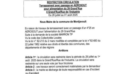 En raison de travaux de terrassement pour une habitation en haut de la Grand Rue et Rue de l’Industrie ( le Bourg), la circulation sera régulée dans ces rues par un feu de signalisation de lundi 28 juillet au vendredi soir 1er août.Nous vous remercions pour votre patience