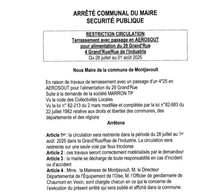 En raison de travaux de terrassement pour une habitation en haut de la Grand Rue et Rue de l’Industrie ( le Bourg), la circulation sera régulée dans ces rues par un feu de signalisation de lundi 28 juillet au vendredi soir 1er août.Nous vous remercions pour votre patience