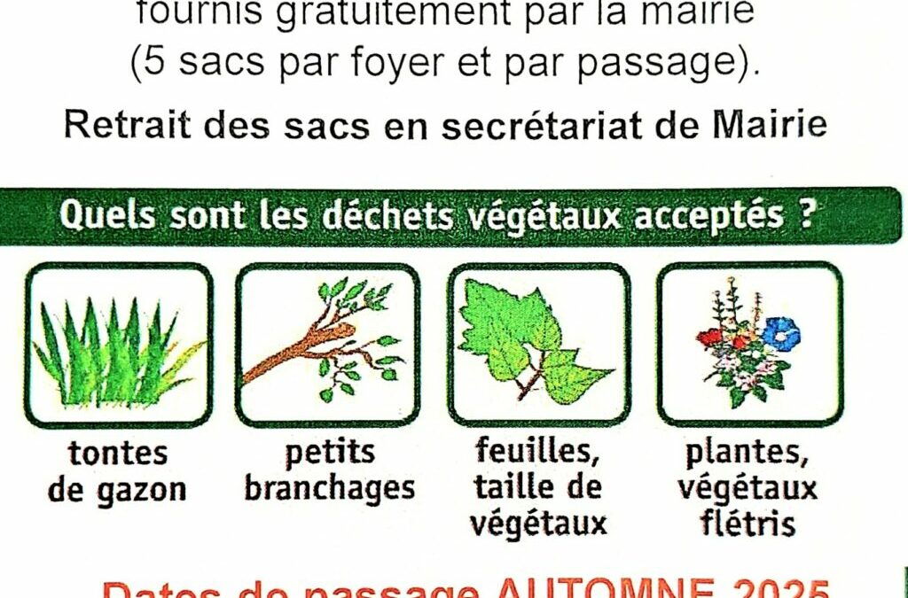 #Collecte des déchets verts, rappel :Voici les prochaines dates :Les lundis matin 8 et 29 septembre et 20 octobreMerci de vous inscrire et venir chercher les sacs en mairie (0344499259).5 sacs par foyer et par passage.Si vous n’êtes pas inscrit, vos sacs ne seront pas collectés.Les sacs qui ne sont pas donnés par la mairie ou contenant de la terre ou des gravats ne seront pas collectés non plus. Merci pour votre compréhension.