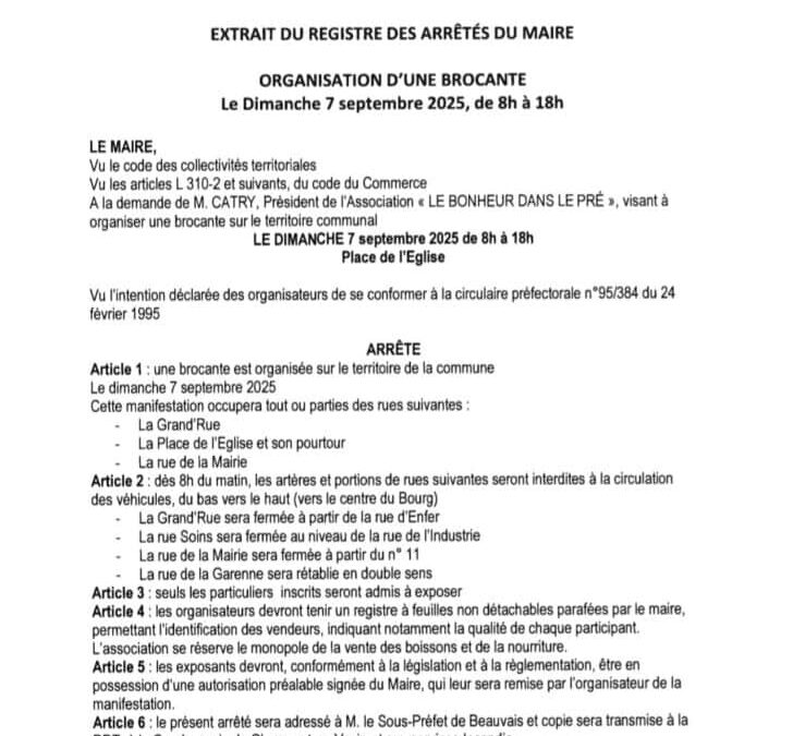 ARRÊTE DE CIRCULATION dimanche 7 septembre en raison de l’organisation d’une brocante à Montjavoult