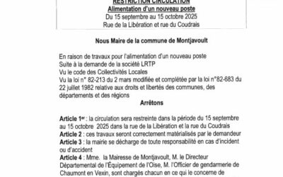 Arrêté de circulation à BEAUGRENIER : Sur la rue de la Libération et rue du Coudrais, en raison de l’installation d’un nouveau poste électrique pour ENEDIS, La circulation est limitée à 30 km/h et sur une voie jusqu’au 15 octobre.
