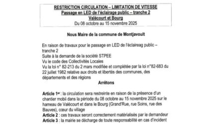 En raison du chantier de changement de l’éclairage public en #LED sur LE BOURG et VALECOURT, la circulation sera restreinte sur ces 2 hameaux à des moments et des endroits différents (chantier mobile) entre le 8 octobre et le 15 novembre.