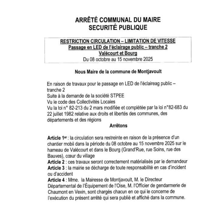En raison du chantier de changement de l’éclairage public en #LED sur LE BOURG et VALECOURT, la circulation sera restreinte sur ces 2 hameaux à des moments et des endroits différents (chantier mobile) entre le 8 octobre et le 15 novembre.