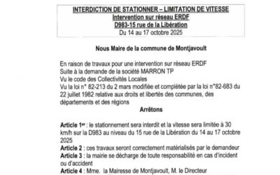 à partir de mardi 14 octobre 2025, pour 3 jours, dans le hameau de BEAUGRENIER, au niveau du 15 rue de la Libération, (de la mare), le stationnement sera interdit et la circulation sera maintenue à 30km/h,en raison d’une intervention sur le réseau ERDF