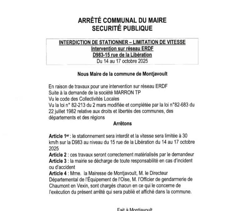 à partir de mardi 14 octobre 2025, pour 3 jours, dans le hameau de BEAUGRENIER, au niveau du 15 rue de la Libération, (de la mare), le stationnement sera interdit et la circulation sera maintenue à 30km/h,en raison d’une intervention sur le réseau ERDF
