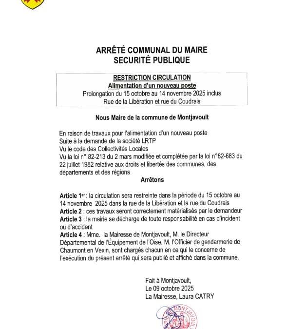 le chantier d’alimentation d’un nouveau poste électrique dans le hameau de BEAUGRENIER est prolongé à partir de mercredi 15 octobre jusqu’au 14 novembre inclus.
