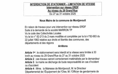 Bonjour, du 27 au 31 octobre, au niveau du haut de la Grand Rue, au numéro 29, il sera interdit de stationner et la vitesse sera très limitée, en raison de travaux ERDF chez un particulier.