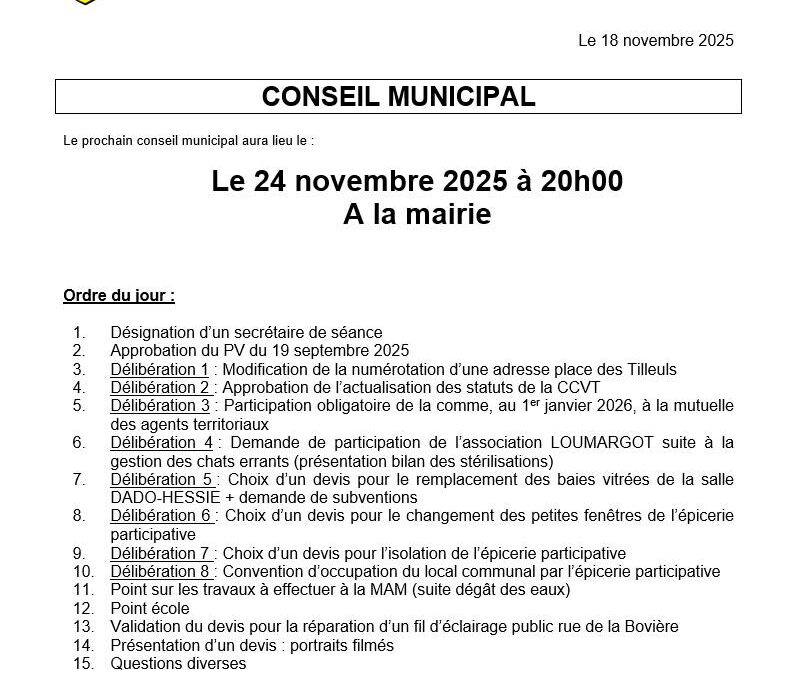 Convocation du conseil municipal du lundi 24 novembre, à 20h