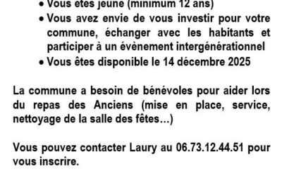 L’équipe municipale recherche des bénévoles cette année encore pour nous aider et pour encourager les relations intergénérationnelles. Merci de contacter Laury : 06 73 12 44 51.            A bientôt !