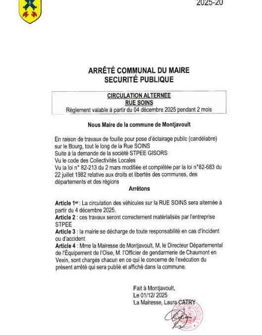 A partir du 4 décembre 2025, Rue Soins, sur le BOURG, la circulation sera ralentie en raison de l’installation de candélabre pour l’éclairage public