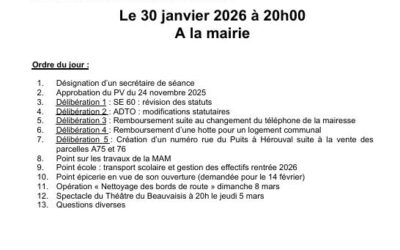 Convocation du Conseil Municipal vendredi 30 janvier 2026 à 20h à la Mairie de Montjavoult. Réunion ouverte au public. 