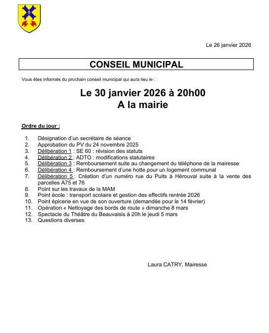 Convocation du Conseil Municipal vendredi 30 janvier 2026 à 20h à la Mairie de Montjavoult. Réunion ouverte au public. 