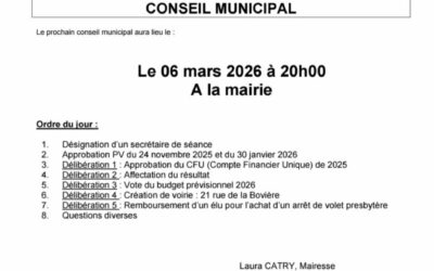 Convocation du Conseil Municipal du vendredi 6 mars 2026 à 20h