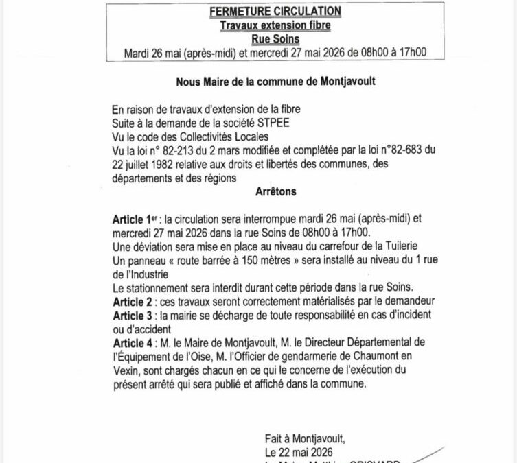 Fermeture de la circulation rue Soins mardi 26 et mercredi 27 mai 2026