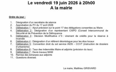 Convocation du Conseil Municipal du Vendredi 19 juin à 20h