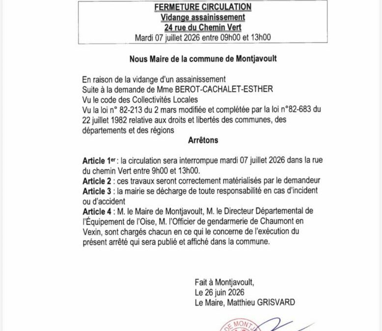 Fermeture de circulation le mardi 7 juillet de 9h à 13h sur la partie haute de la rue du chemin vert