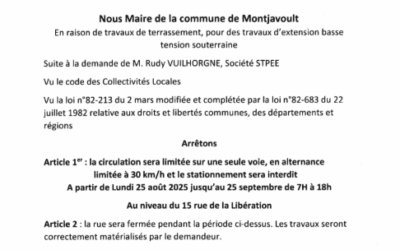 ARRETE COMMUNAL DU MAIRE : travaux 15 rue de la libération Beaugrenier du lundi 25 août au 25 septembre 2025