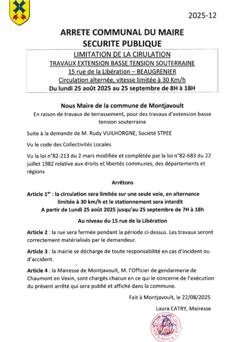 ARRETE COMMUNAL DU MAIRE : travaux 15 rue de la libération Beaugrenier du lundi 25 août au 25 septembre 2025