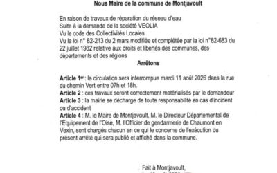 A la demande de VEOLIA, le haut de la rue du chemin vert sera fermée à la circulation demain, mardi 11 août 2026 de 7h à 18h