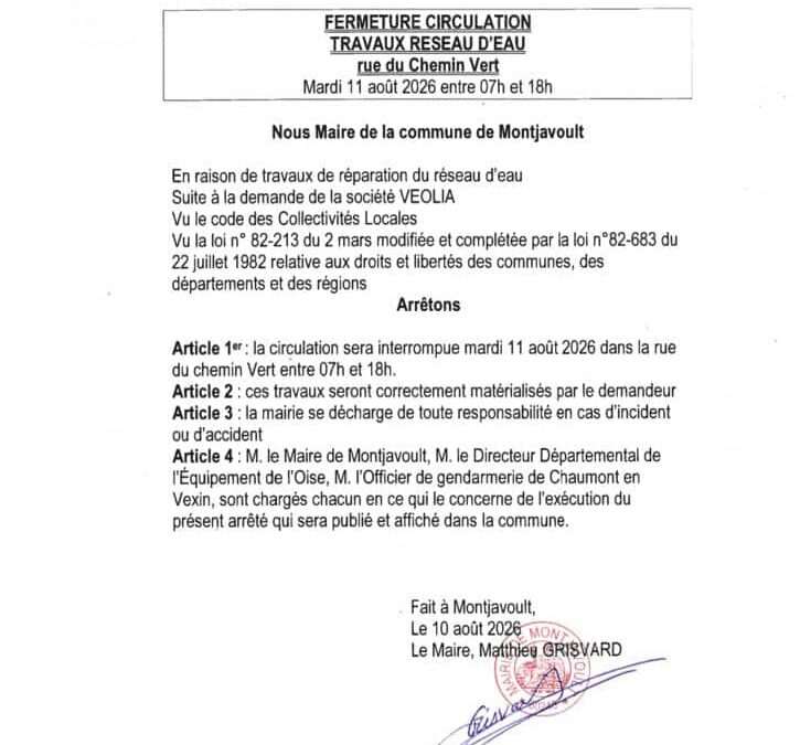 A la demande de VEOLIA, le haut de la rue du chemin vert sera fermée à la circulation demain, mardi 11 août 2026 de 7h à 18h
