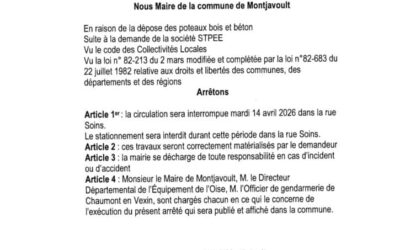 Fermeture de la circulation rue soin, au Bourg, ce mardi 14 avril, merci de déplacer les véhicules stationnés et des travaux rue de la Bovière à Valécourt à partir d&rsquo;aujourd&rsquo;hui. Soyez prudent