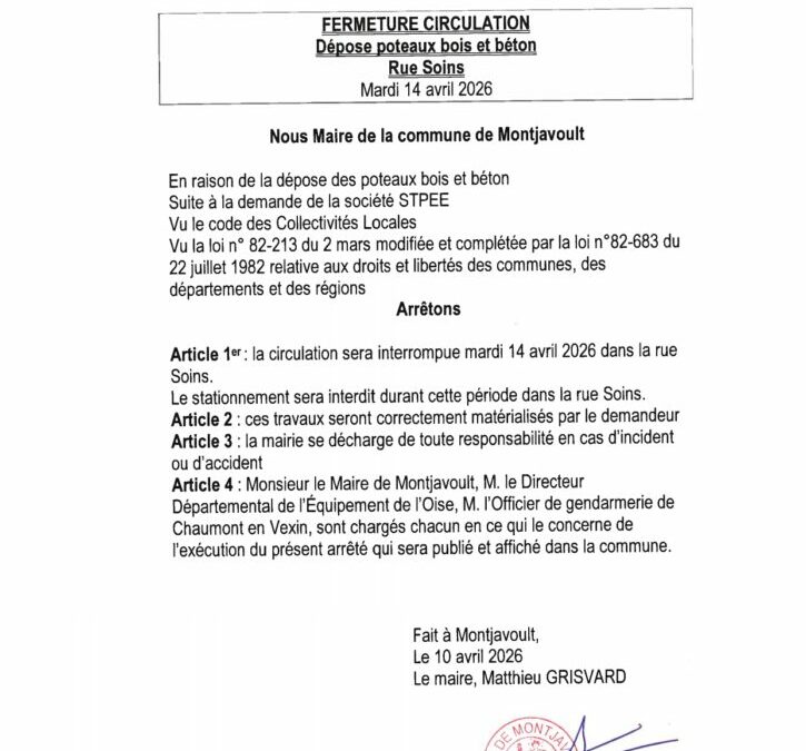Fermeture de la circulation rue soin, au Bourg, ce mardi 14 avril, merci de déplacer les véhicules stationnés et des travaux rue de la Bovière à Valécourt à partir d&rsquo;aujourd&rsquo;hui. Soyez prudent