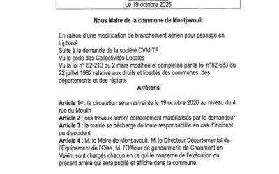 Arrêté Communal: Restriction de circulation, rue du Moulin à Hérouval, le 19 octobre 2026