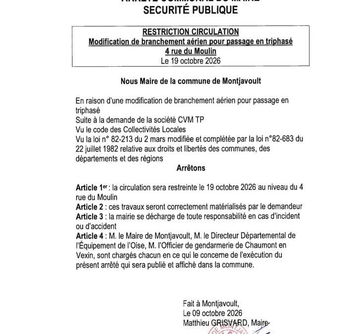 Arrêté Communal: Restriction de circulation, rue du Moulin à Hérouval, le 19 octobre 2026