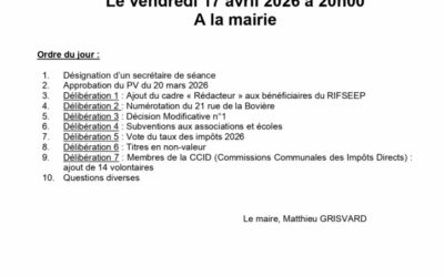 Convocation du Conseil Municipal du vendredi 17 avril 2026 à 20h