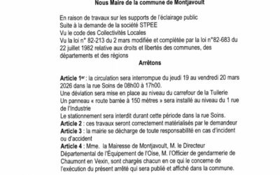 Arrêté Communal du Maire: Fermeture de la circulation rue Soins les jeudi 19 et vendredi  20 mars 2026, de 8h à 17h pour les travaux sur l&rsquo;éclairage public