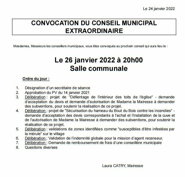 Convocation conseil municipal extraordinaire du mercredi 26 janvier à 20h