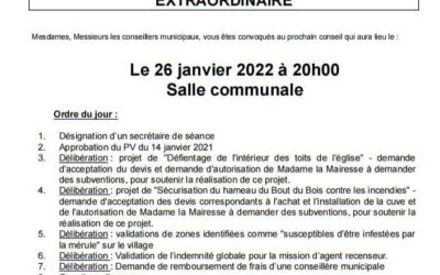 Convocation conseil municipal extraordinaire du mercredi 26 janvier à 20h
