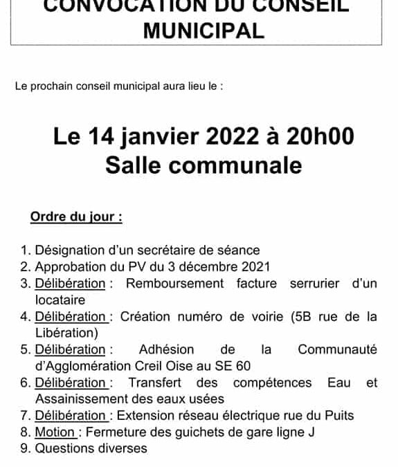 Convocation conseil municipal du vendredi 14 janvier à 20h