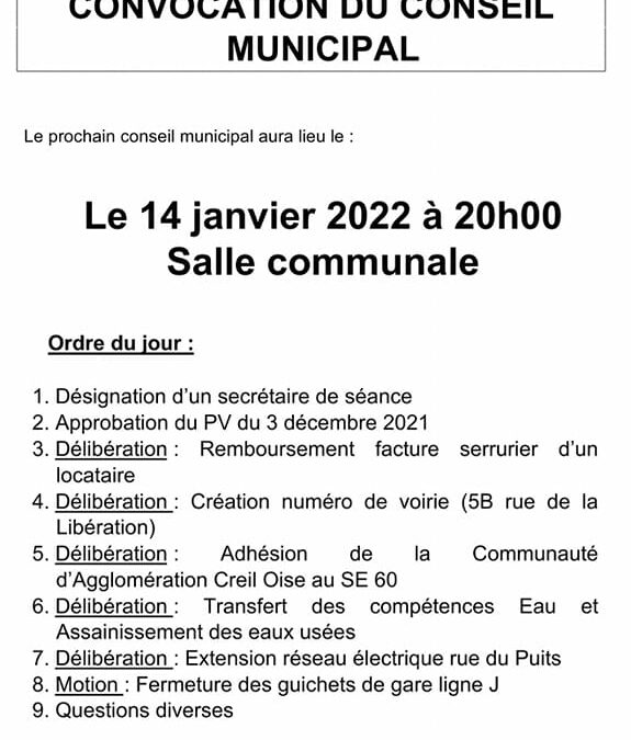 Convocation conseil municipal du vendredi 14 janvier à 20h