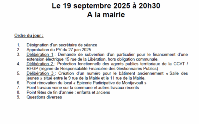 Convocation Conseil Municipal du vendredi 19 septembre 2025 à 20h30