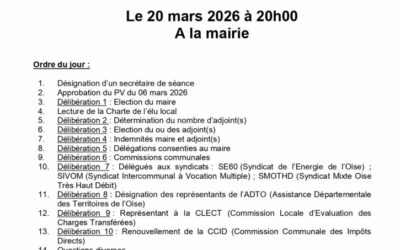 Bonjour, le Conseil Municipal d&rsquo;installation se tiendra ce vendredi 20 mars 2026 à 20h en mairie. Il est ouvert au public et sera suivi d&rsquo;un pot de l&rsquo;amitié