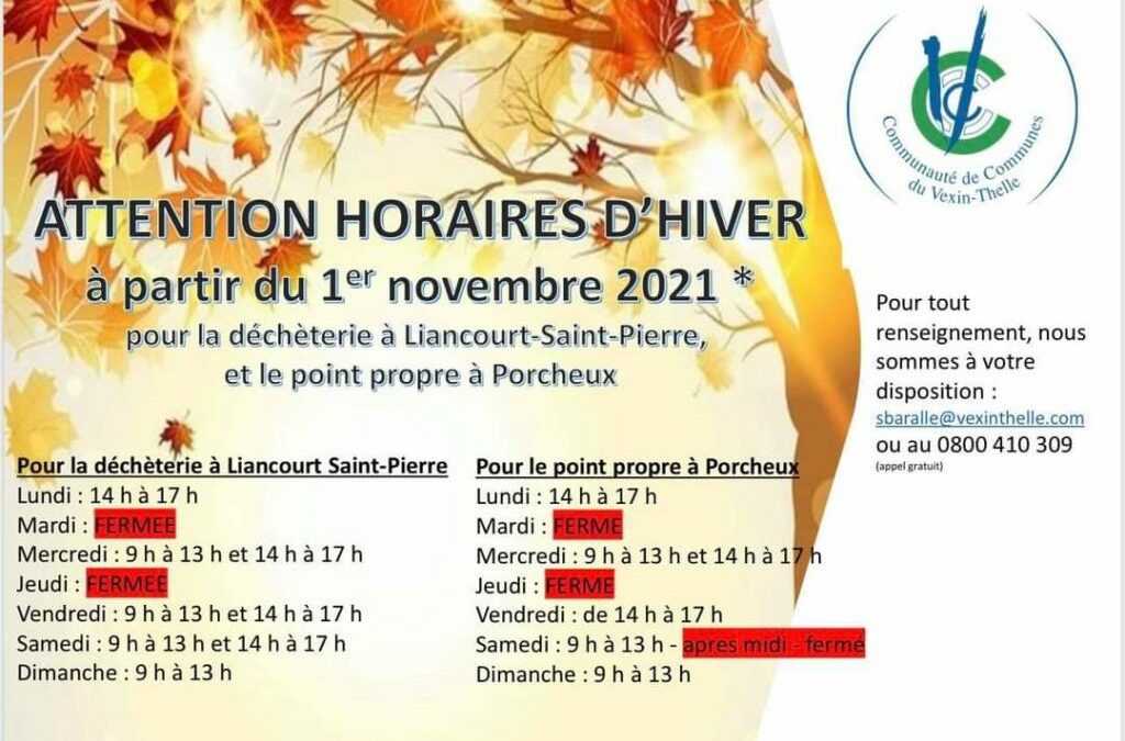 Horaires d’hiver déchèterie à partir du 1er novembre