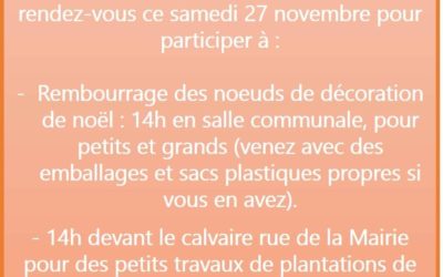 Nous vous donnons rendez-vous ce samedi 27 novembre à 14h pour 2 ateliers participatifs à Montjavoult : Venez nombreux !