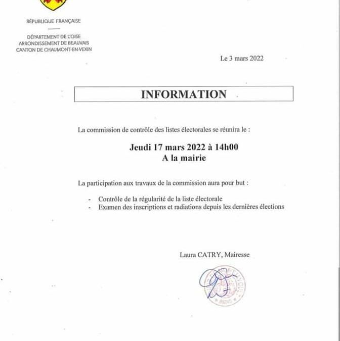 Commission de contrôle des listes électorales le jeudi 17 mars