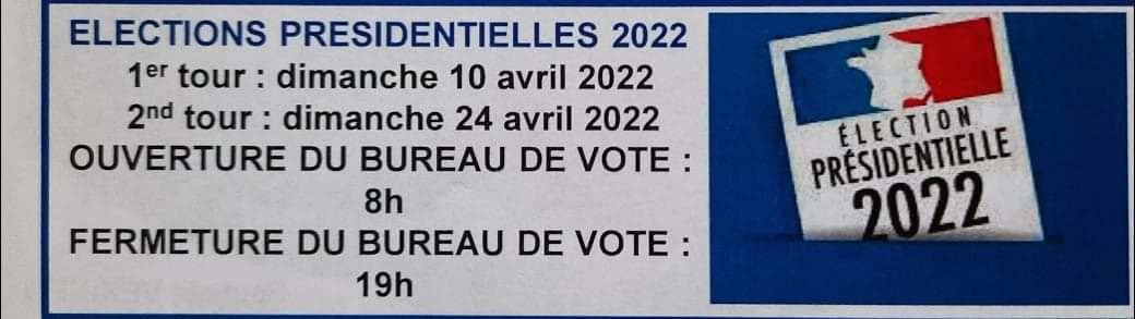 Dimanche 10 avril : vote du 1er tour des élections présidentielles.Le bureau de vote de Montjavoult (mairie) sera ouvert de 8h à 19h.