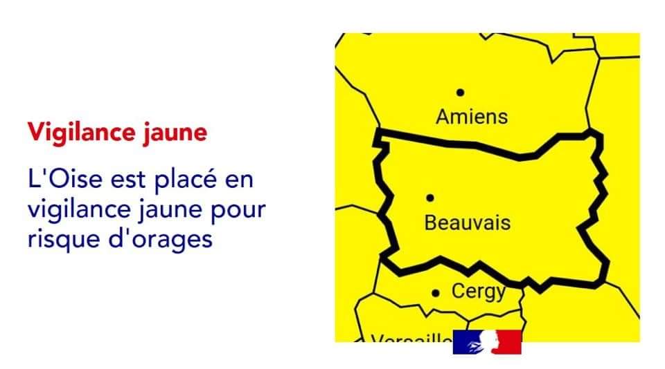 Le département de l’Oise est placé en vigilance jaune en raison d’un risque d’orage. Tenez-vous informé de l’évolution de la situation → https://vigilance.meteofrance.fr/fr/oise