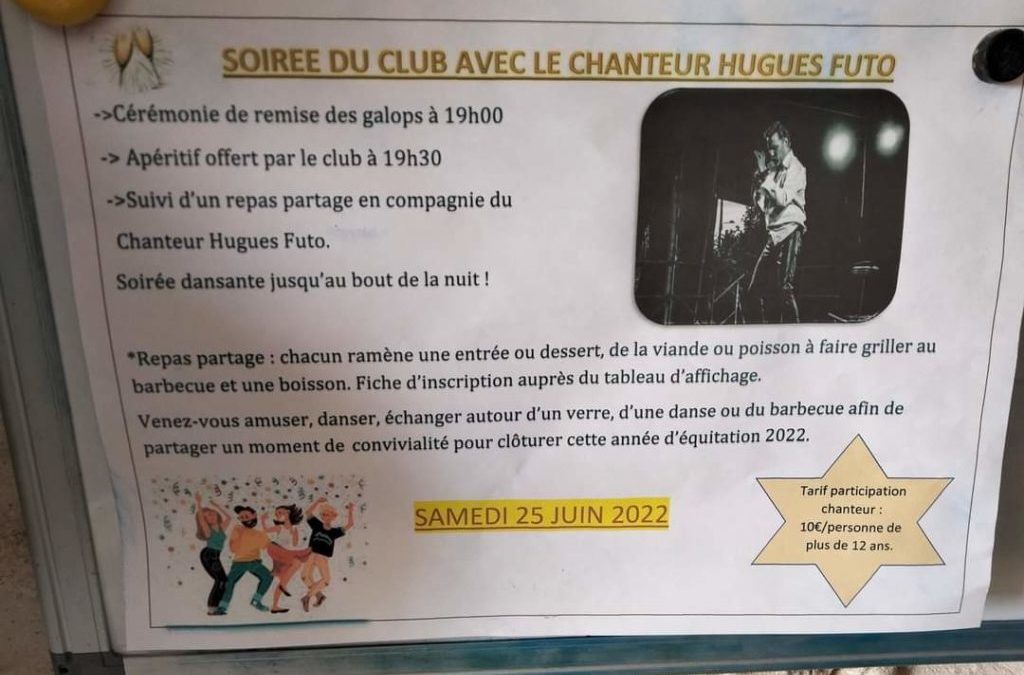 Samedi 25 juin dans le hameau de Beaugrenier, à Montjavoult, le CENTRE EQUESTRE DES NONAINS vous invite à sa Soirée du Club !🥳🥳🥳 Nous vous invitons à vous inscrire